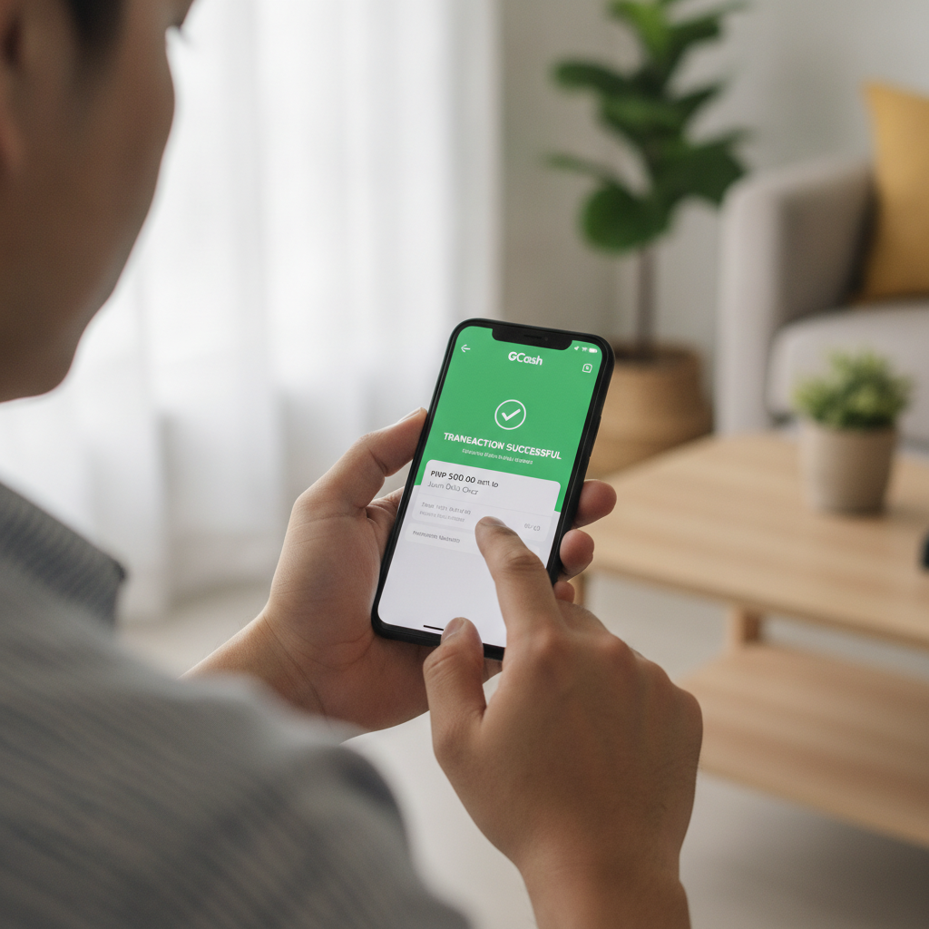 Filipino player using smartphone to complete GCash transaction for online casino cashout
